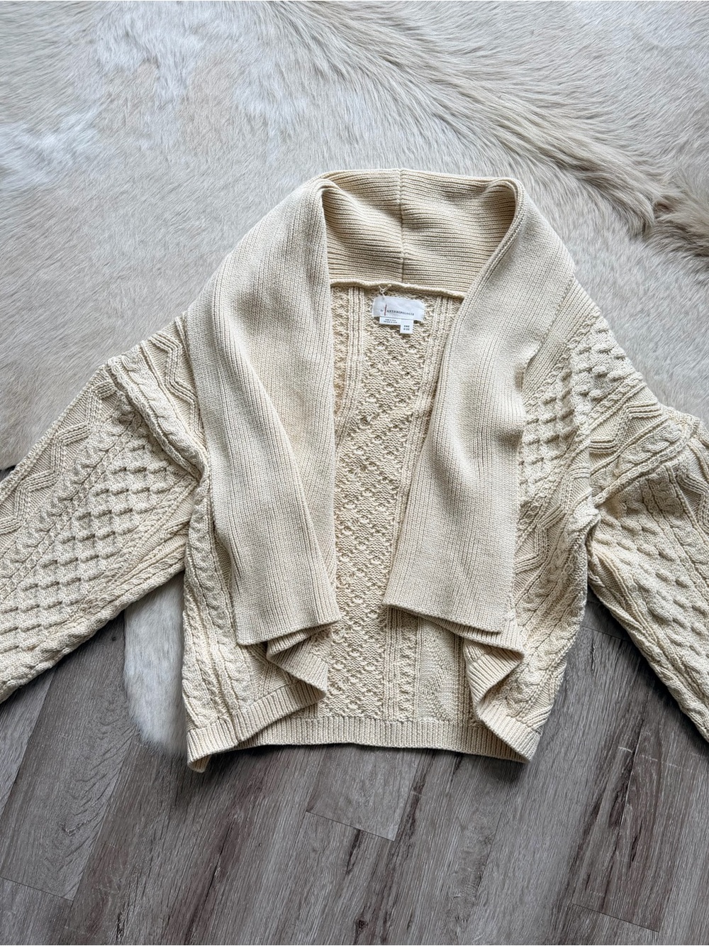 Anthropologie Cream Cable-Knit Shawl-Collar Cardigan